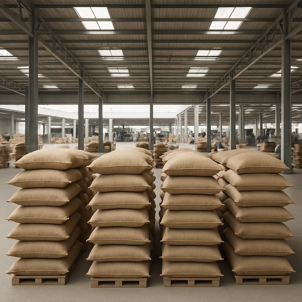 This image shows three stacks of brown-filled ships or burlap sacks, sitting on a metal frame pallet. The pallets form a t...